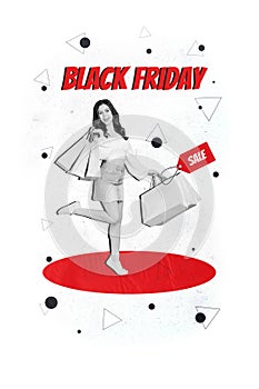 Vertical brochure collage of funky young girlfriend walk home from shopping mall discounts black friday bags isolated on