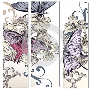 Vertical brochures set withhand drawn flowers and butterflies photo