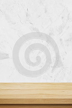 Vertical brown wood table and white cement wall background in kitchen, Wooden shelf, counter for food and product display in room