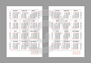 Vertical calendar for 2 years - 2022, 2023. Simple calendar grid isolated on a white background, Sunday to Monday, business