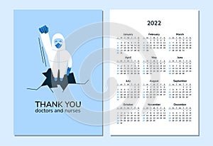 Vertical calendar 2022. Doctors. Happy New Year. Week starts on Sunday. Health and healthcare. Protect from coronavirus