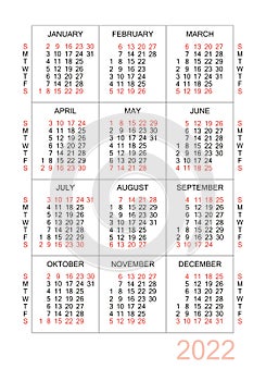 Vertical calendar for 2022 year. Simple calendar grid isolated on a white background, Sunday to Monday, business template. Yearly