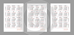Vertical calendar for 3 years - 2022, 2023, 2024. Simple calendar grid isolated on a white background, Sunday to Monday, business