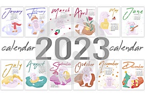 Vertical Calendar with illustrations of rabbits for each month of the year, calendar for 2023