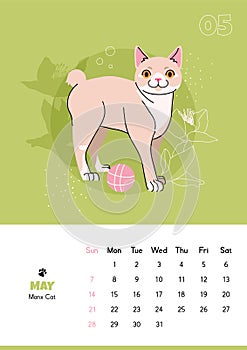 Vertical calendar for may 2023 with manx cat. Isolated on light green background. Vector flat illustration. Week starts on Sunday