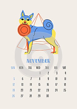 Vertical calendar for november 2023 with norwegian buhund dog. Isolated on beige background. Vector flat illustration. Week starts