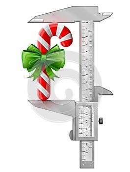 Vertical caliper measures candy cane with bow