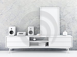Vertical canvas poster Mockup with frame standing on bureau photo