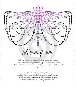 Vertical card with spiritual dragonfly pattern with beads and space for text. Magical template