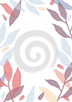 Vertical card template decorated with frame or border made of colorful translucent tree branches with leaves on white