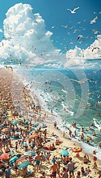 Vertical caricature of a beach full of people