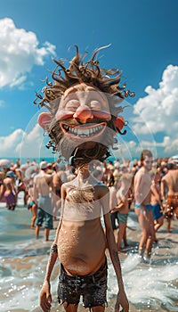 Vertical caricature of a fun man in the beach