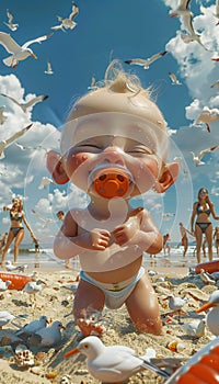 Vertical caricature of a happy baby with a pacifier in the beach