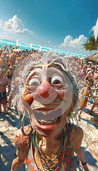 Vertical caricature of a hippy old woman in a beach full of people