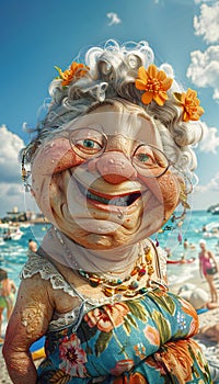 Vertical caricature of a old woman in a beach a summer day