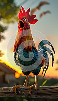 Vertical caricature of a rooster singing at dawn in a farm