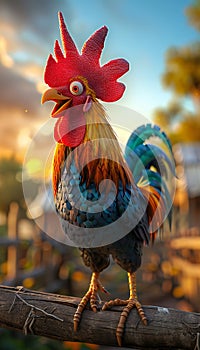 Vertical caricature of a rooster singing at morning in a farm