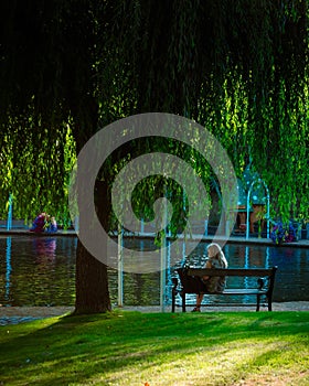 Vertical of a Caucasian female sitting on a bench under a willow tree reflecting on lake in a park