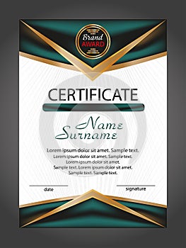 Vertical certificate or diploma template with gold and turquoise decorative elements on white background. Vector