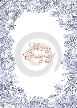 Vertical Christmas postcard template decorated by frame made of branches and cones of conifers, berries and leaves of
