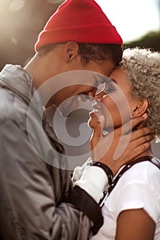 Vertical close up portrait of happy peased people in love being of different nation, express their good relationship and