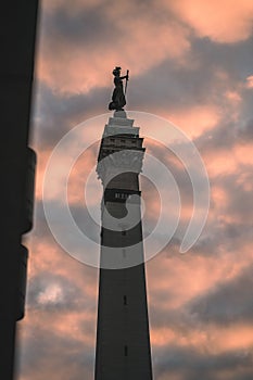 Vertical close-up of the Soldiers and Sailors Monument at sunset in Indianapolis, United States