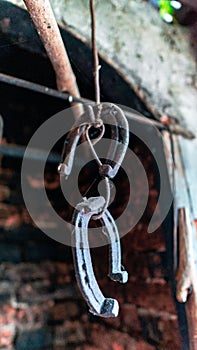 Vertical close-up view of horseshoes hanging outdoors