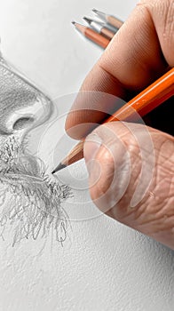 Vertical closeup of artist hand drawing human portrait woth pencil on white sheet of paper