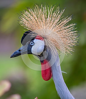 Vertical closeup of a gray crowned crane, Balearica regulorum.