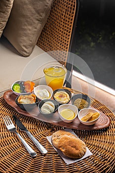 Vertical closeup of Lebanese breakfast served in a restaurant