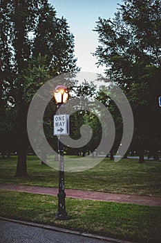 Vertical closeup of a led streetlight with the sign "One way" with trees, grass, sky background