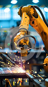 Vertical closeup of modern automated robot arm machinery cutting and welding metal on production line