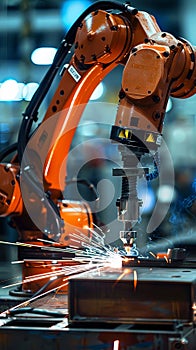 Vertical closeup of modern automated robot arm machinery cutting and welding metal on production line