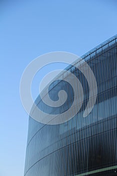 Vertical closeup of the modern exterior on the Czech National Technical Library in Prague