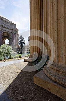 Vertical closeup shot of columns near the Palace of Fine Arts in San Francisco, California