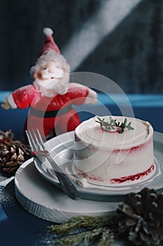 Vertical closeup shot of a delicious cake on the plate and Santa toy on the background