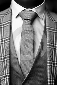 Vertical closeup shot of an elegant formal suit with a white shirt, gray tie, and patterned blazer