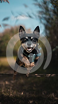 Vertical closeup shot of a Lancashire Heeler dog breed jumping over a wooden stick in a garden