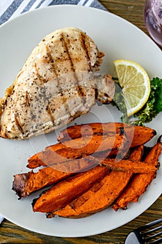 Vertical closeup shot of a plate of Chicken Breast with Sweet Potato Fries
