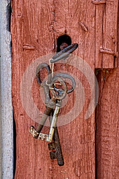 Vertical closeup shot of rusty, old keys hanging from the wooden door