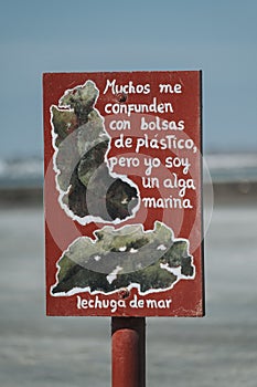 Vertical closeup shot of a sign on the Paracas, Peru, Galapago Beach photo