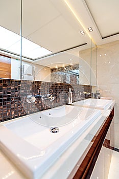 Vertical closeup shot of the sink in a bathroom of a modern apartment