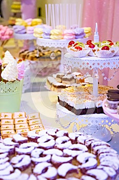 Vertical closeup shot of a table with loads of cakes, cupcakes, cookies, and cake pops