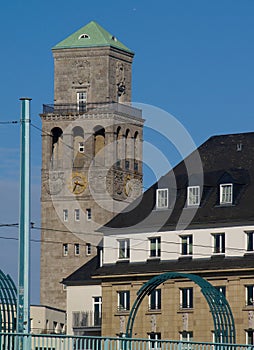 Vertical closeup shot of the tower of the town hall in Muelheim