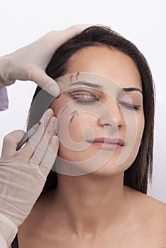 Vertical closeup shot of a woman preparing her face for a plastic surgery  procedure  professional