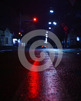 Vertical closeup of the wet street after the rain at night in Bila Tserkva, Ukraine