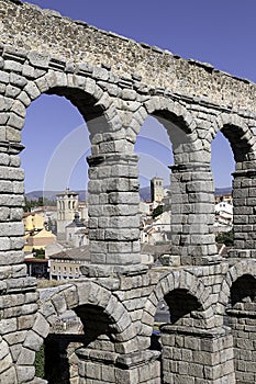 Vertical closuep shot of Aqueduct of Segovia, Spain