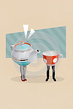 Vertical collage abstract image of tea pot cup mug girl man legs isolated on painted creative background