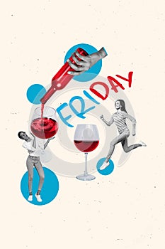 Vertical collage of arm pouring wine bottle girl holding glass drink alcohol taste cabernet on friday party isolated