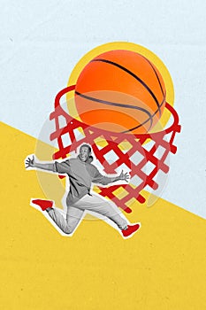 Vertical collage artwork of funky sportsman playing basketball throwing ball into basket and jumping isolated on gray